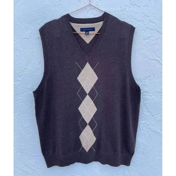 Vintage Tommy Hilfiger Mens Sleeveless V Neck Argyle Sweater Gray Sz L/G - Picture 1 of 9